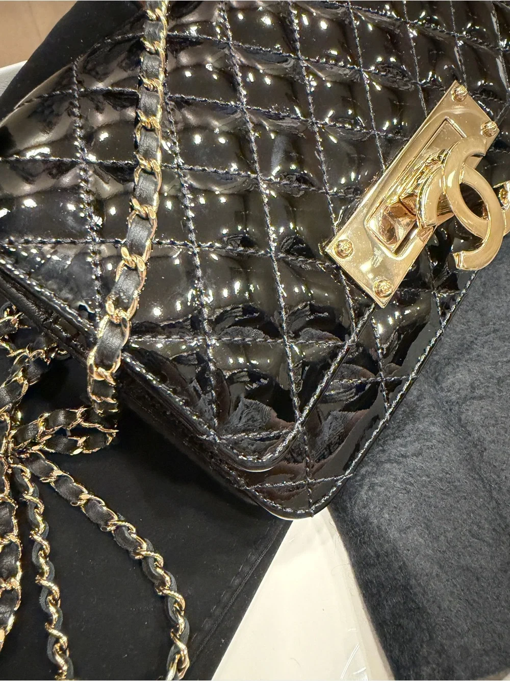 CHANEL Black Patent Crossbody Wallet On Chain Flap Bag with Gold Hardware